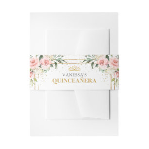 Boho Blush pink roses  gold tiara sage Quinceañera Invitation Belly Band