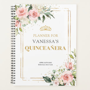 Boho Blush pink roses gold tiara sage Quinceanera Planner