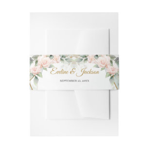 Boho blush pink roses green eucalyptus gold frame invitation belly band