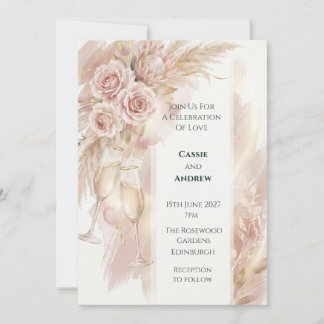 Boho Blush Pink Roses Pampas Grass Wedding Invitation