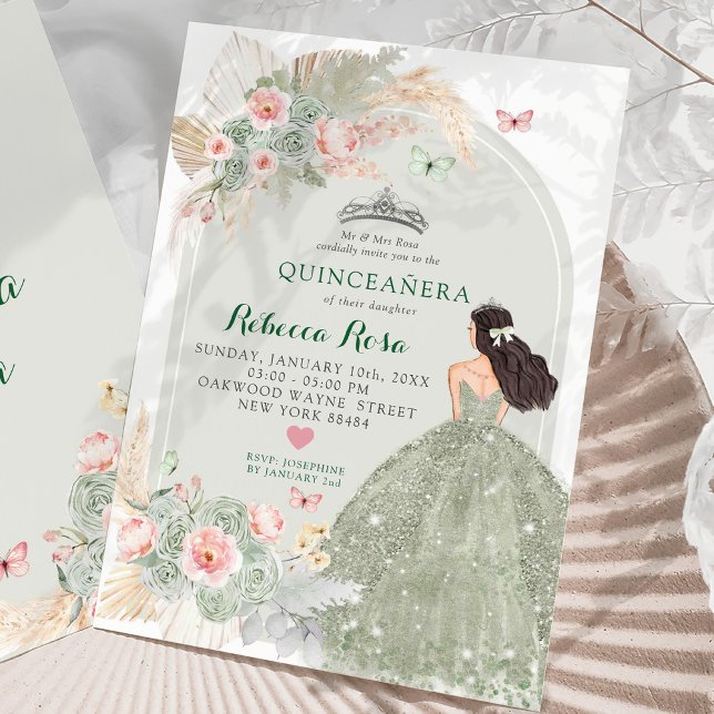 Boho Blush Pink Sage Green Princesa Quinceañera Invitation (Creator Uploaded)