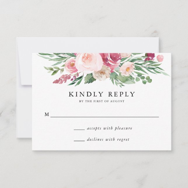 Boho Blush & Pink Spring Floral Wedding RSVP Card (Front)