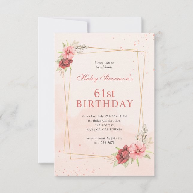 Boho Blush Pink Terracotta Floral 61st Birthday Invitation (Front)
