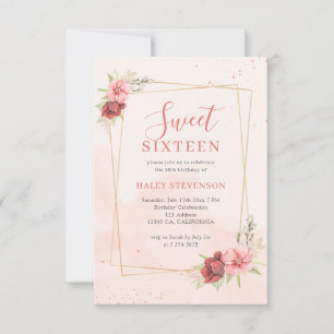 Boho Blush Pink Terracotta Floral Chic Sweet 16 Invitation