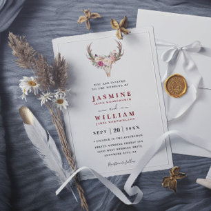Boho Blush Red Floral Antler Skull Elegant Wedding Invitation