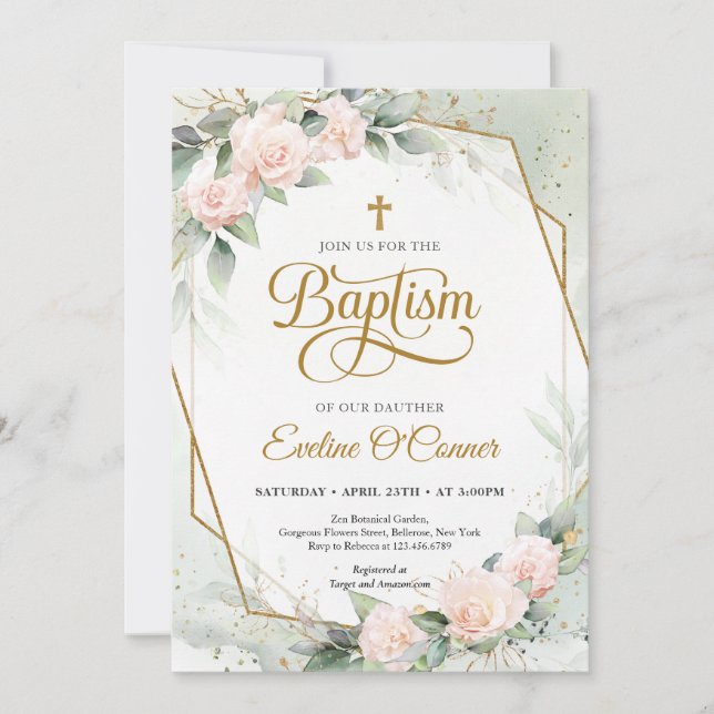 Boho blush roses eucalyptus gold frame Baptism Invitation (Front)