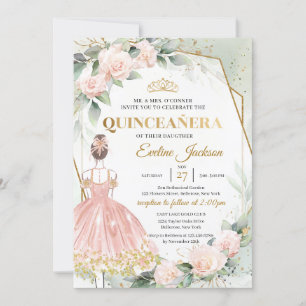 Boho blush roses gold frame ball gown Quinceanera Invitation