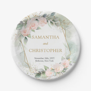 Boho blush roses gold glitter eucalyptus wedding paper plate