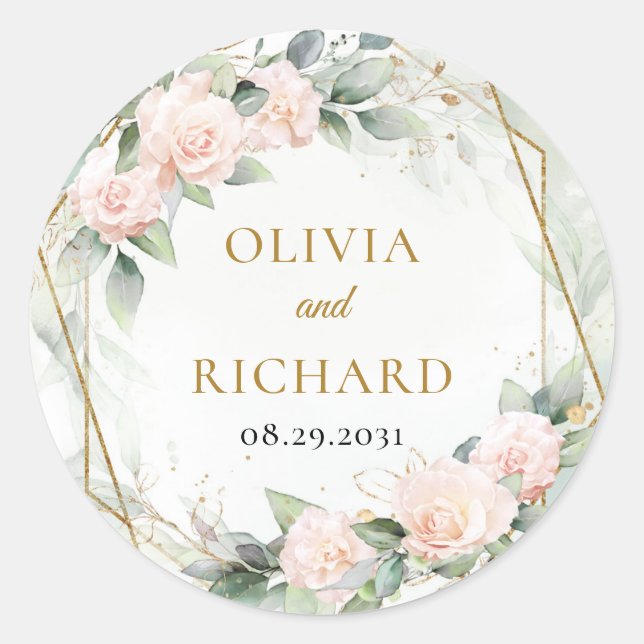 Boho blush roses green gold frame wedding sticker (Front)