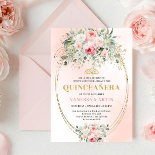 Boho Blush Roses Greenery Quinceañera Invitation