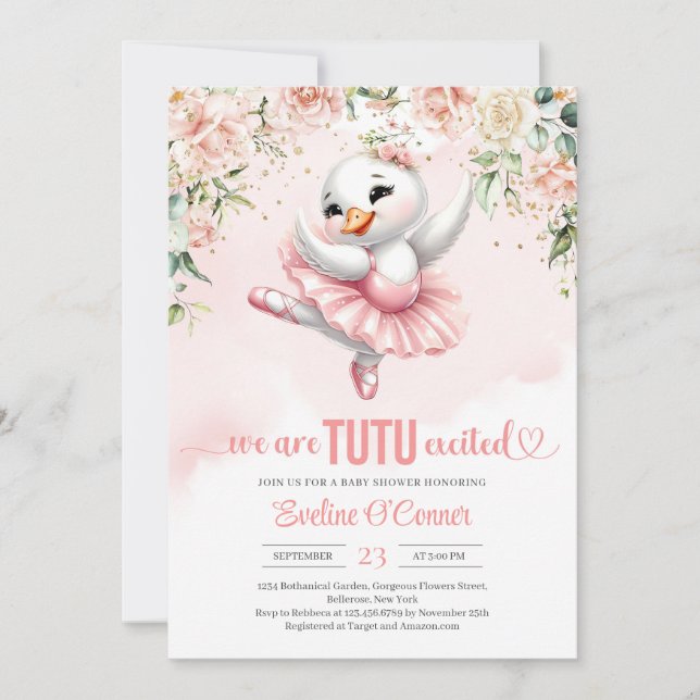 Boho blush roses Swan tutu ballerina pink dress Invitation (Front)