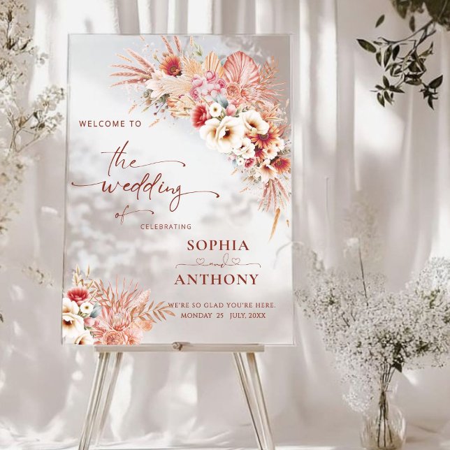 Boho Blush Terracotta Floral Acrylic Wedding Sign (Creator Uploaded)