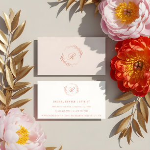 Boho Blush Watercolor Floral Crest Wreath Monogram Business Card