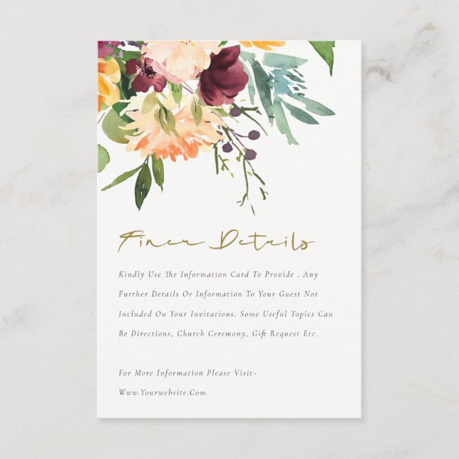 Boho Blush Yellow Orange Floral Wedding Detail Enclosure Card (Front)