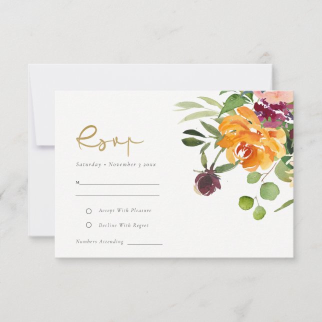 Boho Blush Yellow Orange Floral Wedding RSVP (Front)