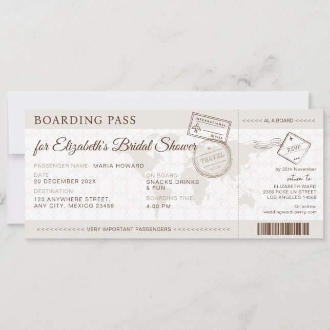 Boho Boarding Pass Destination Bridal Shower Invitation (Front)