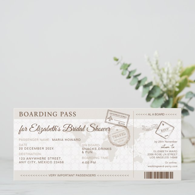 Boho Boarding Pass Destination Bridal Shower Invitation (Standing Front)