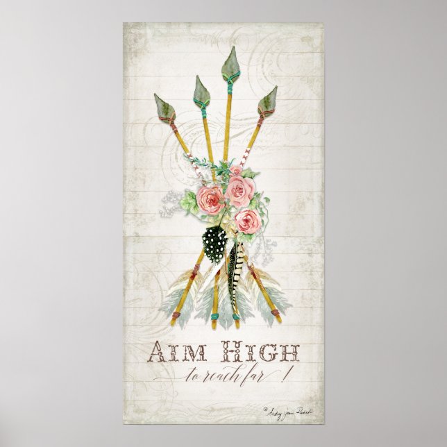 Boho Bohemian Aim High Arrows Feathers Rustic Wood Poster (Front)