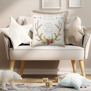 BOHO Bohemian Deer Antler Floral Baby Birth Stat Cushion