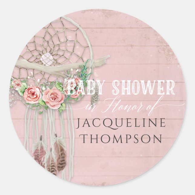 BOHO Bohemian Dream Catcher Baby Shower Girl Roses Classic Round Sticker (Front)