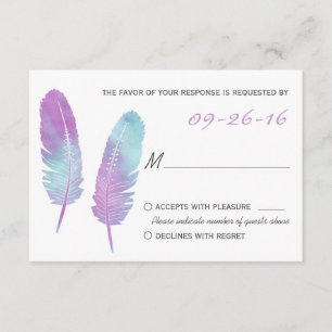 Boho Bohemian Feather Purple and Blue Wedding RSVP Card