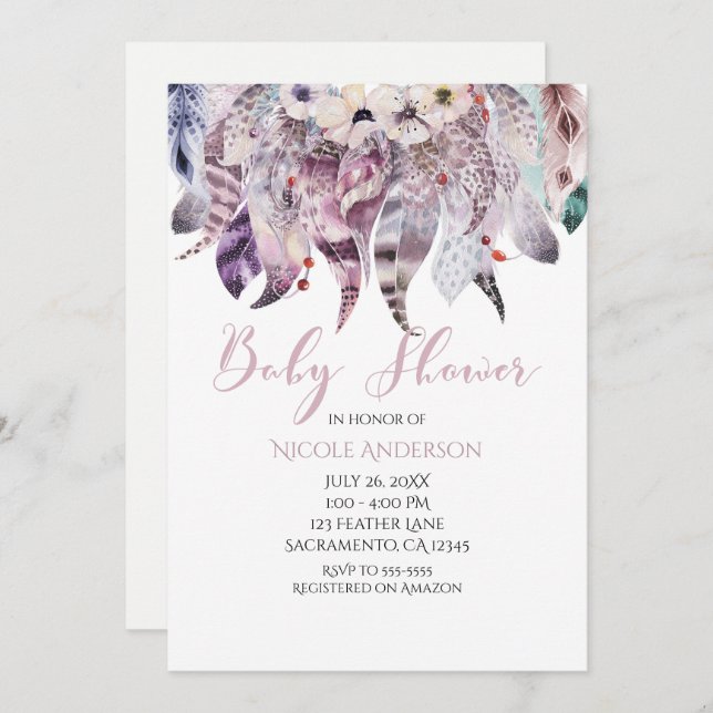 Boho Bohemian Feathers Baby Shower Invitations (Front/Back)