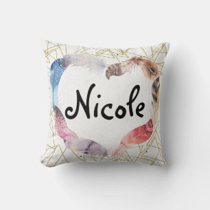 Boho Bohemian Feathers Heart Gold Geometric Modern Cushion
