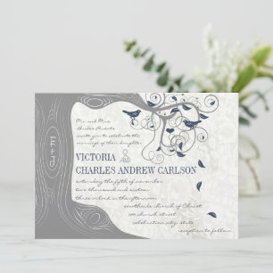 Boho Bohemian Grey Navy Love Birds Wedding Invitation