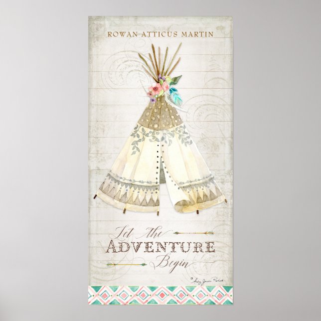 Boho Bohemian Let the Adventure Begin Teepee Wood Poster (Front)