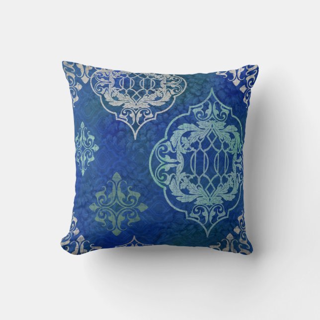 BOHO Bohemian Moroccan Tile Watercolor Blue Aqua Cushion (Front)