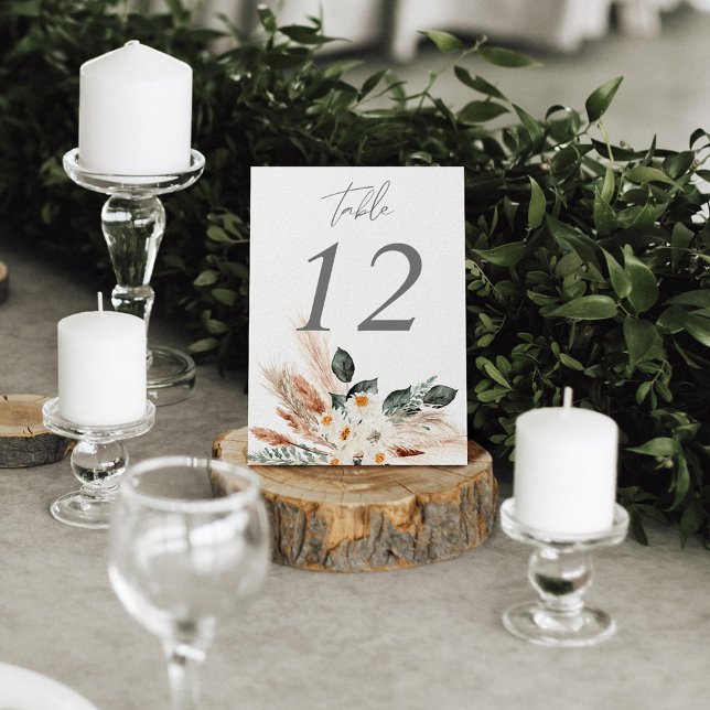 Boho Bohemian Pampas & Beige Floral Table Number (Creator Uploaded)