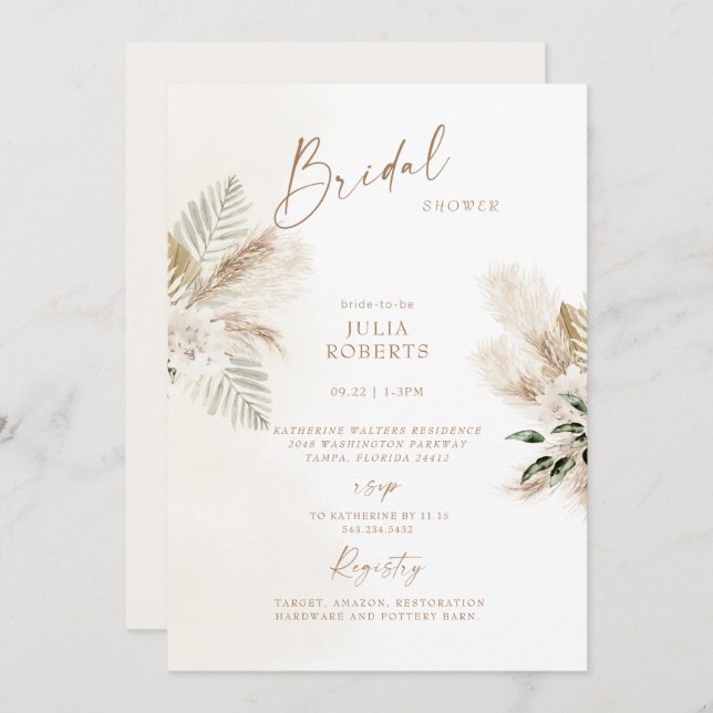 Boho Bohemian Pampas Grass Bridal Shower Invitation (Front/Back)