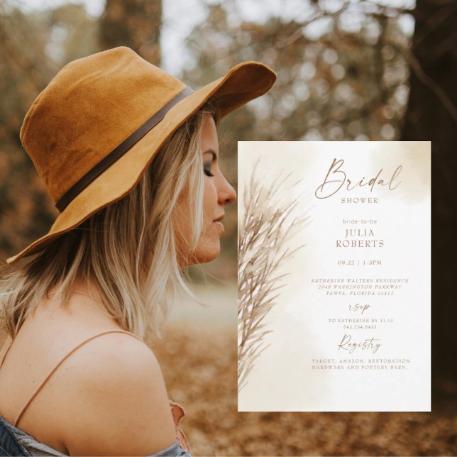 Boho Bohemian Pampas Grass Cream Bridal Shower Invitation (Creator Uploaded)