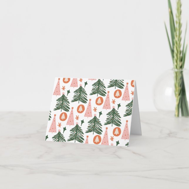 Boho Bohemian Pink Orange Green Christmas Trees  Card (Front)
