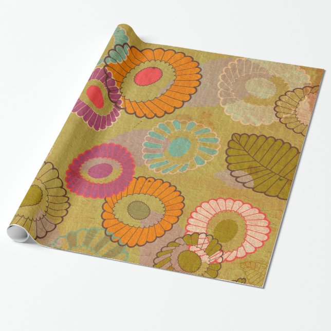 Boho Bohemian Retro Colourful Floral Flowers Wrapping Paper (Unrolled)