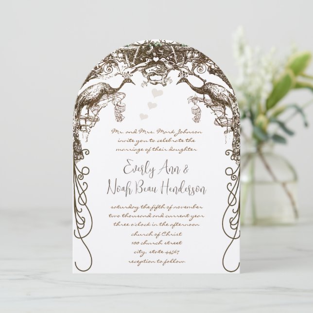 Boho Bohemian Rustic Peacock Vintage Love Birds Invitation (Standing Front)