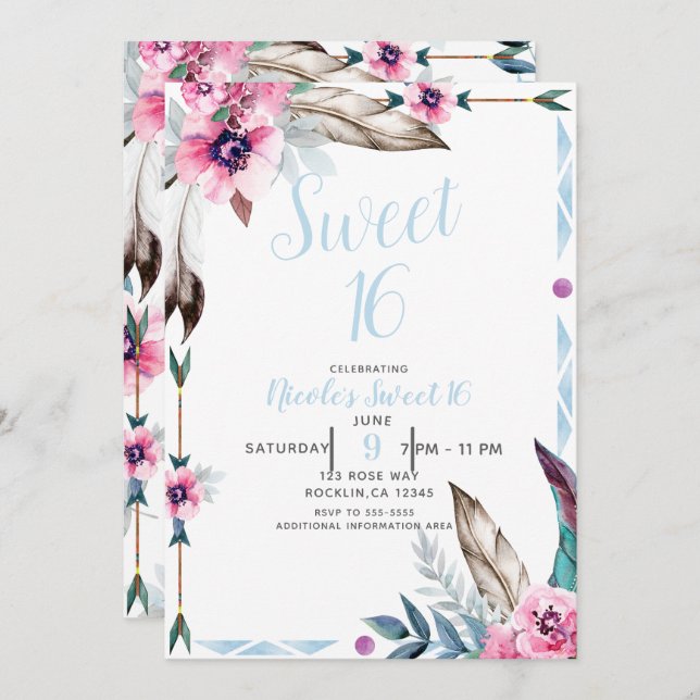 Boho Bohemian Tribal Floral Watercolor Sweet 16 Invitation (Front/Back)