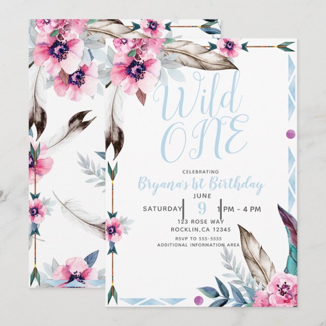 Boho Bohemian Tribal Floral Watercolor WILD ONE Invitation (Front/Back)