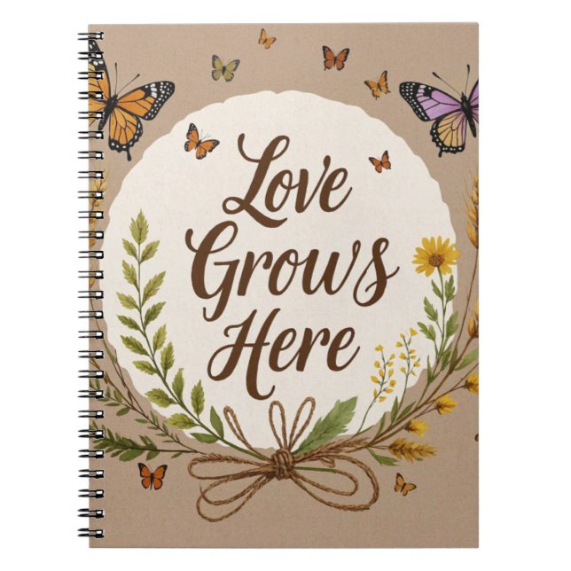 Boho Bohemian Wildflowers, butterflies, wheat Notebook (Front)