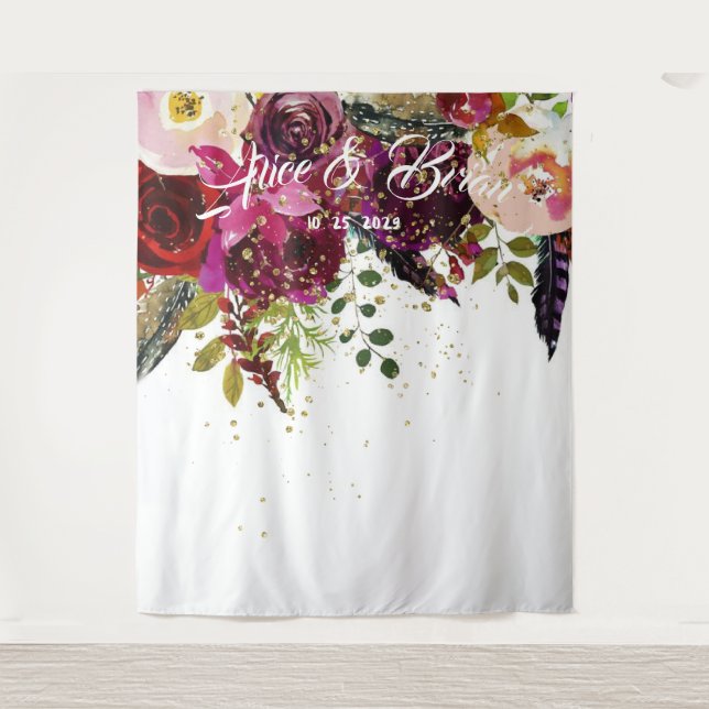 Boho Bold Burgundy Floral Wedding Backdrop Tapestry (Front)