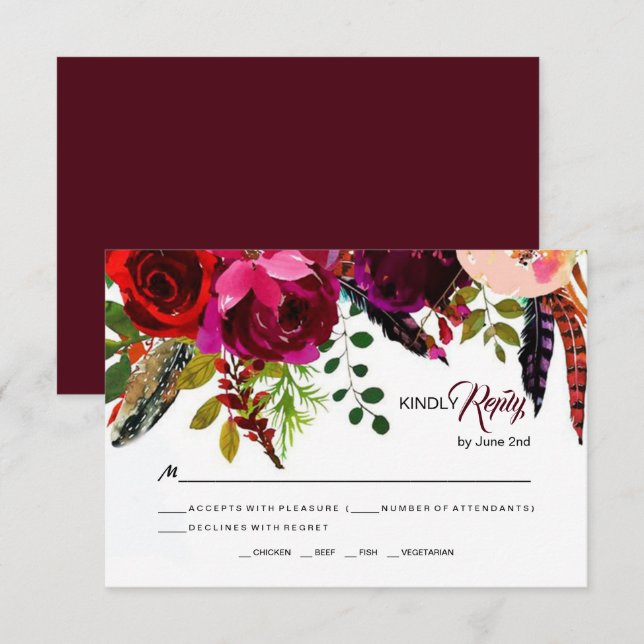 Boho Bold Burgundy Floral  Wedding RSVP Card (Front/Back)