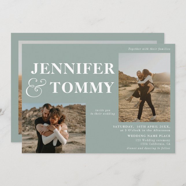 Boho bold names retro 3 photos wedding sage green invitation (Front/Back)