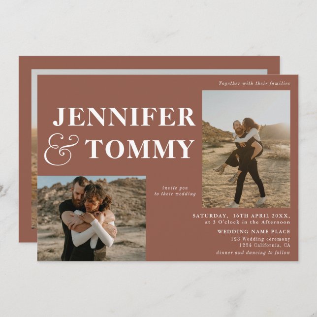 Boho bold names retro 3 photos wedding terracotta invitation (Front/Back)