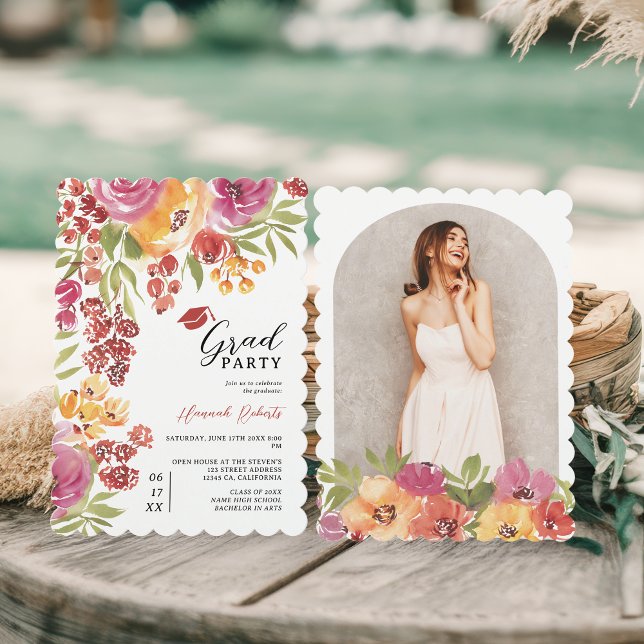 Boho Bold Watercolor Floral Photo Graduation Party Invitation (Boho Bold Watercolor Floral Photo Graduation Party Invitation)