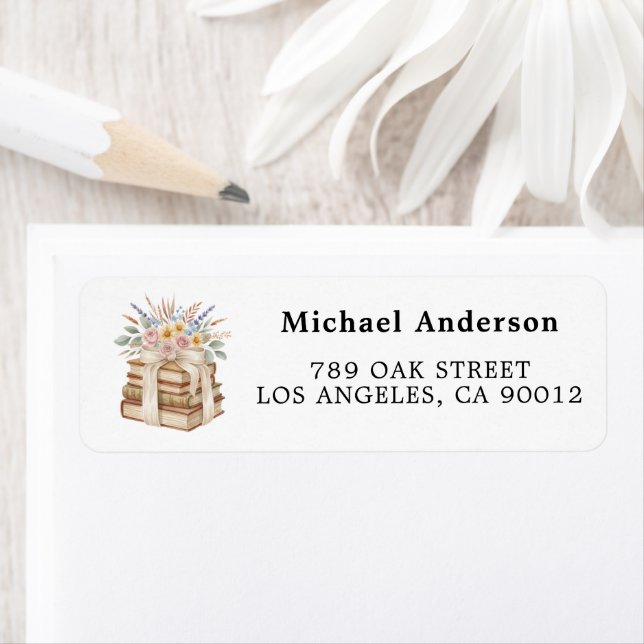 Boho Book Stack Floral Return Address Label (Insitu)