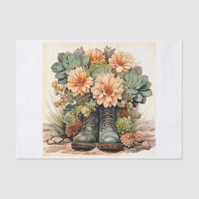 Boho Boots Succulent Bouquet for Decoupage  Tissue Paper (Front)