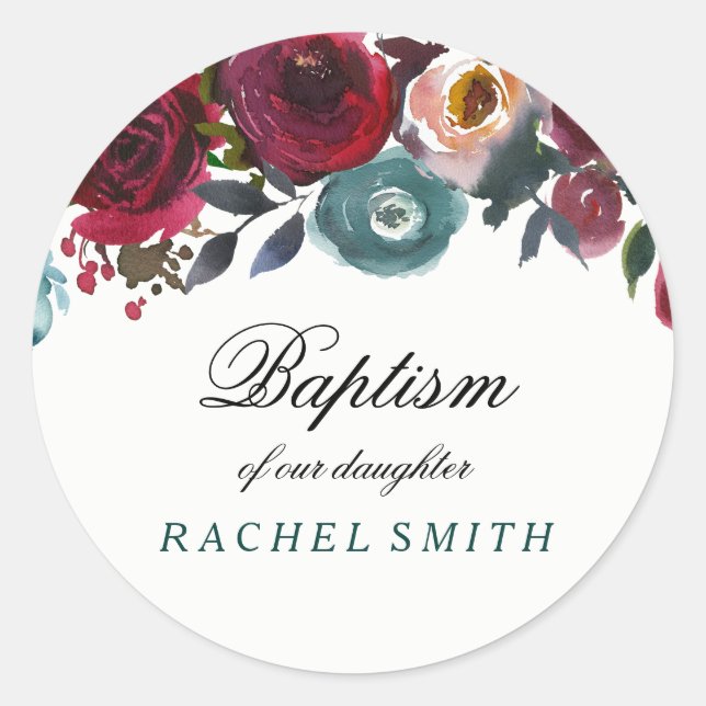 Boho Bordo Burgundy Red Flowers Baby Girl Baptism Classic Round Sticker (Front)
