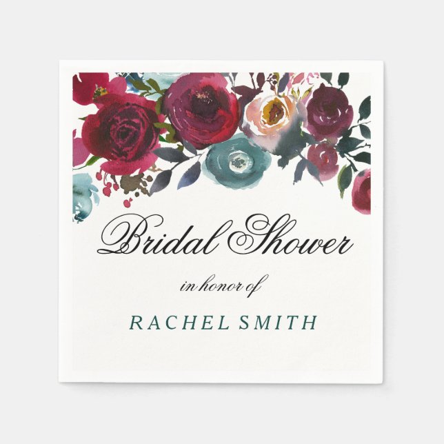Boho Bordo Burgundy Red Flowers Bridal Shower Napkin (Front)