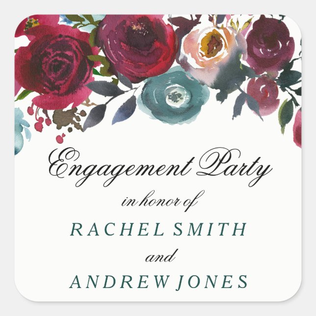 Boho Bordo Burgundy Red Flowers Engagement Party Square Sticker (Front)