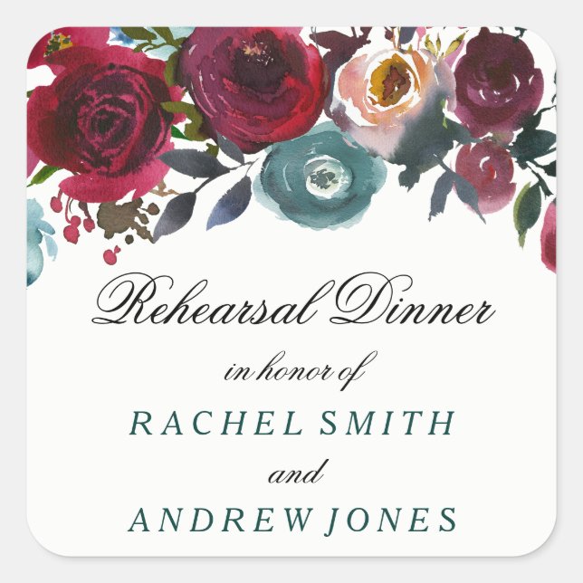 Boho Bordo Burgundy Red Flowers Rehearsal Dinner Square Sticker (Front)